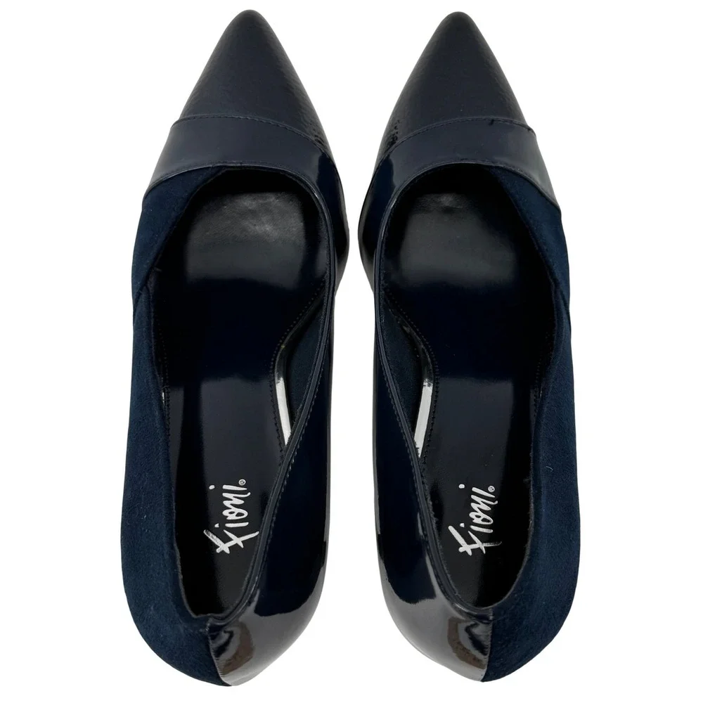 Fioni Jody 7W Wide Pointed Toe Pumps Navy Patent Mixed Media Kitten Heels 164367